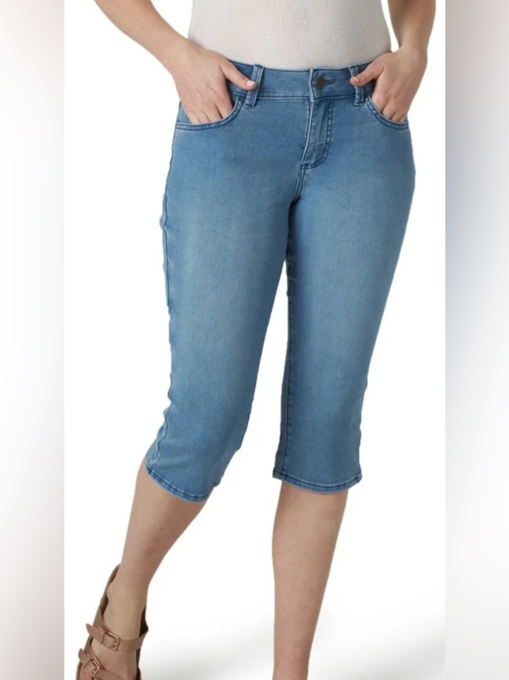 Riders by Lee Women's Mid Rise Light Blue Cropped Capr Denim Jeans Size 14 Med